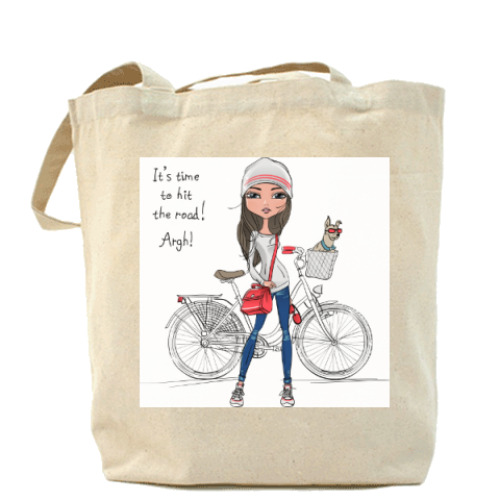 Сумка шоппер с принтом Девушка хипстер с велосипедом