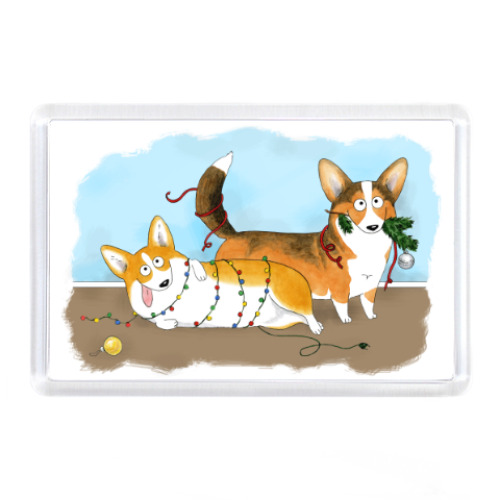 Магнит с принтом Новогодние корги