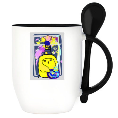 Кружка с ложкой с принтом Совенок и поросенок собирают звёзды