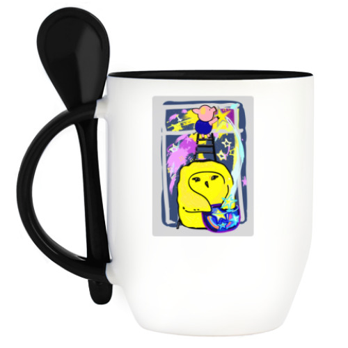 Кружка с ложкой с принтом Совенок и поросенок собирают звёзды