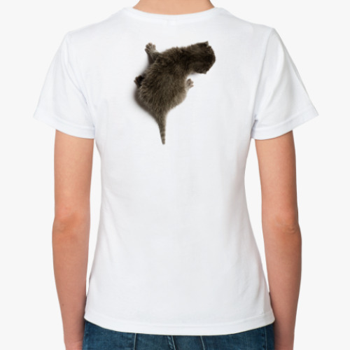 Классическая футболка с принтом Котенок карабкается по спине