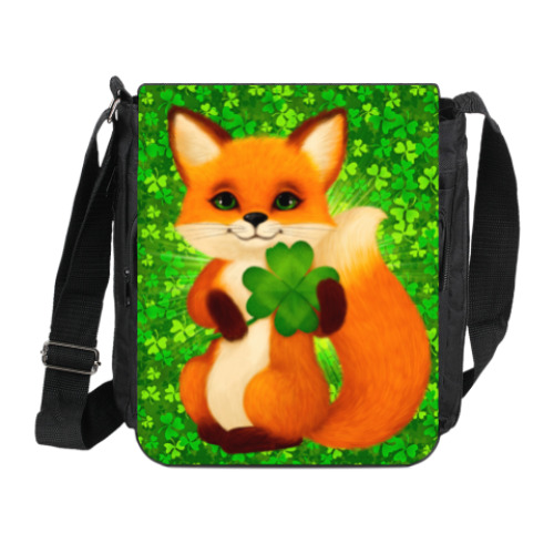 Сумка на плечо (мини-планшет) с принтом Пушистый лисенок с клевером