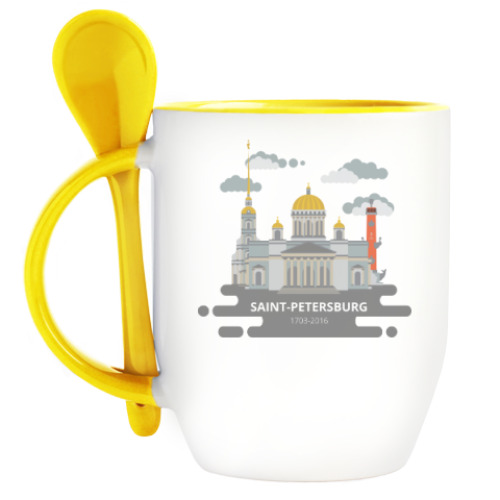 Кружка с ложкой с принтом Saint-Petersburg, Питер, Санкт-Петербург, flat