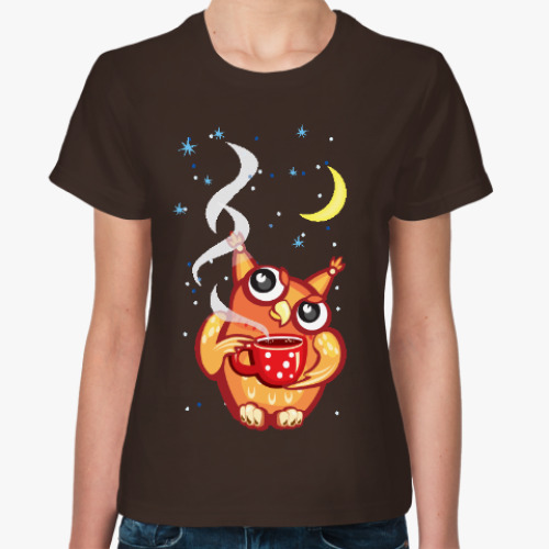 Женская футболка с принтом Сова с чаем и снежинками