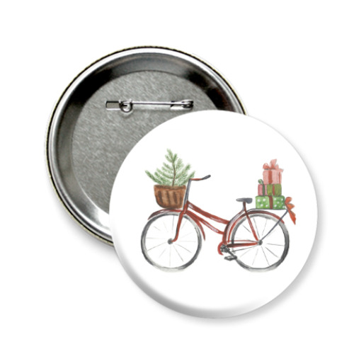 Значок 58мм с принтом рождественский велосипед