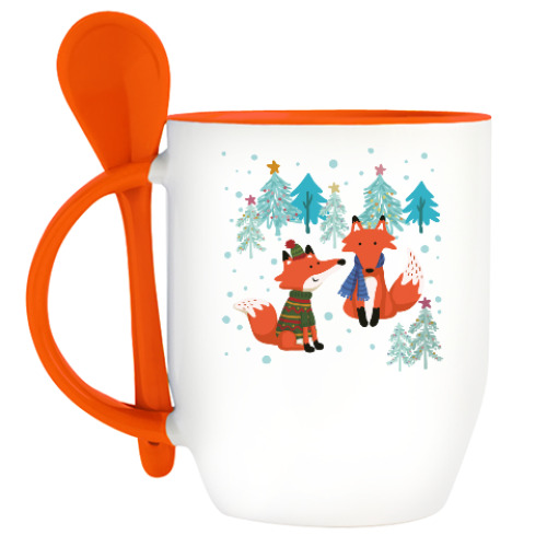 Кружка с ложкой с принтом Лисички