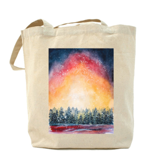 Сумка шоппер с принтом Закат в зимнем лесу