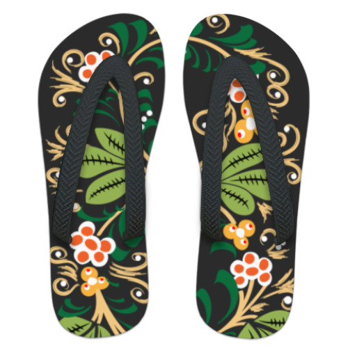 Шлепанцы (сланцы) с принтом Узор. Листья и ягоды.