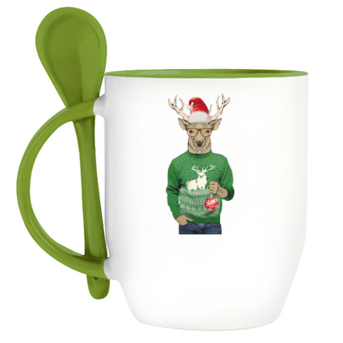 Кружка с ложкой с принтом рождественский олень в свитере и очках