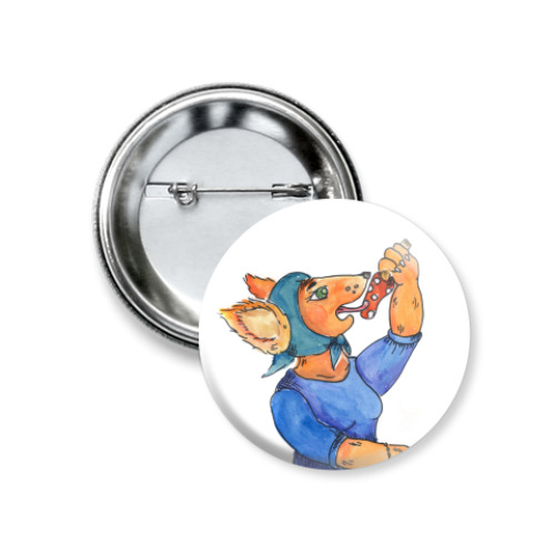 Значок 37мм с принтом Лиса ест мухомор